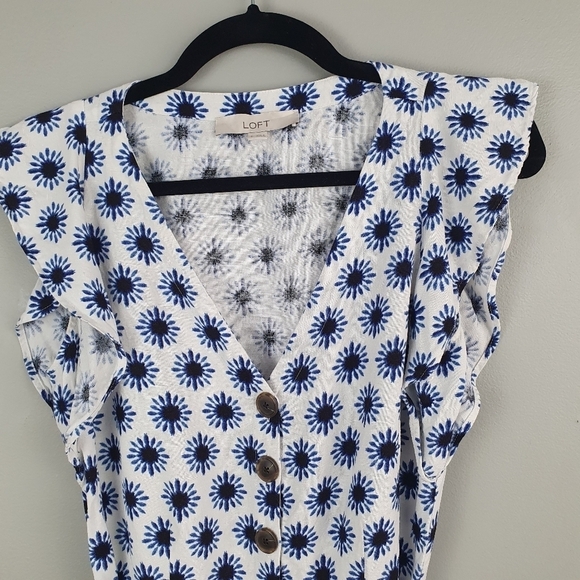 LOFT Flutter Romper Linen Mix Blue/White‎ Women's Size 0 - Picture 5 of 14